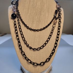 Black & Gunmetal Tone 3 Tier 32” Chain Necklace Round Black & Faceted Grey Beads